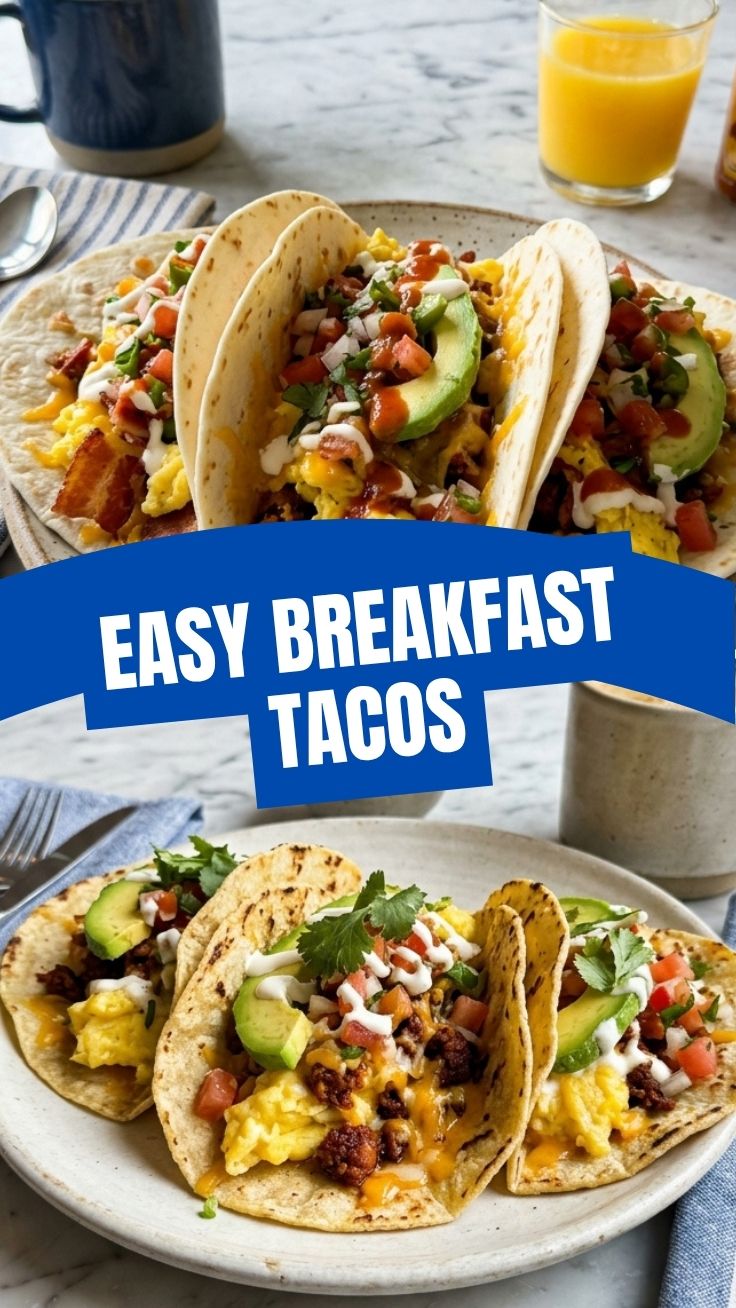 Close-up photo of delicious breakfast tacos with eggs, cheese, and salsa