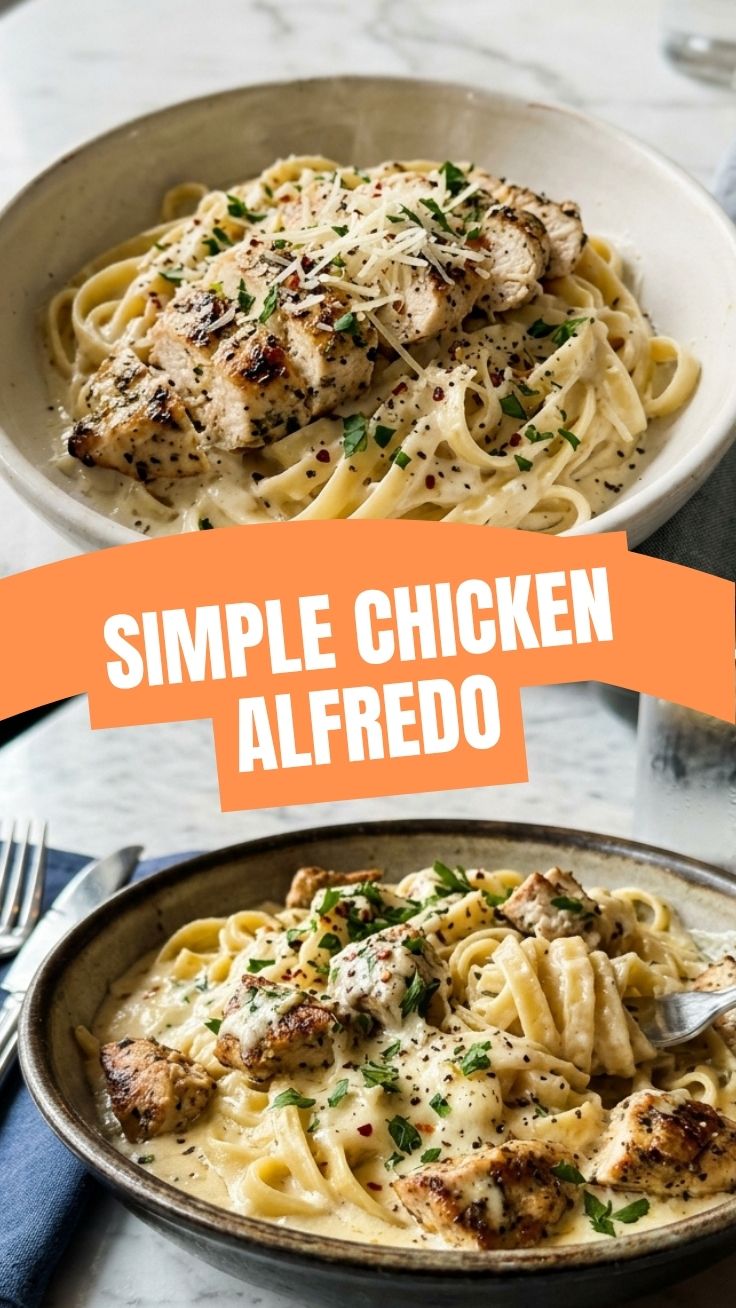 A serving of savory chicken alfredo with tender chicken and fettuccine pasta