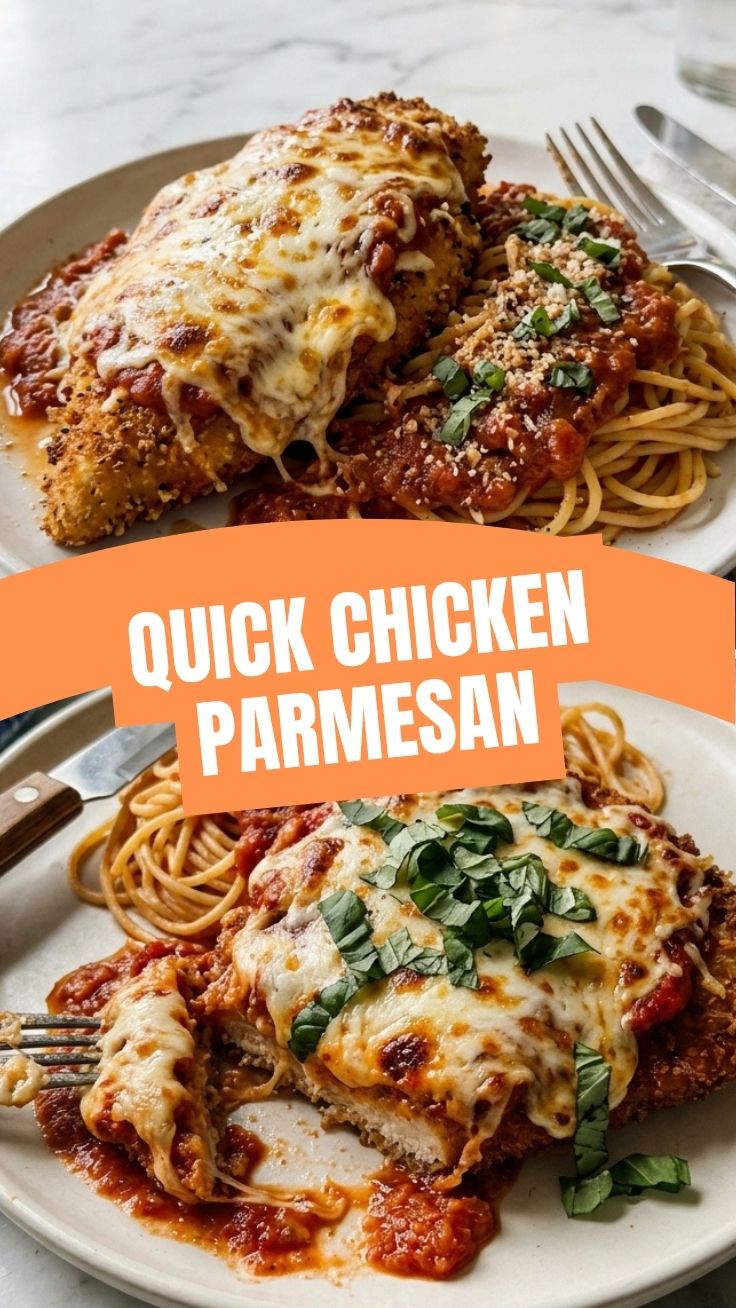 A plate showcasing a savory chicken parmesan dish with melted cheese and marinara sauce.