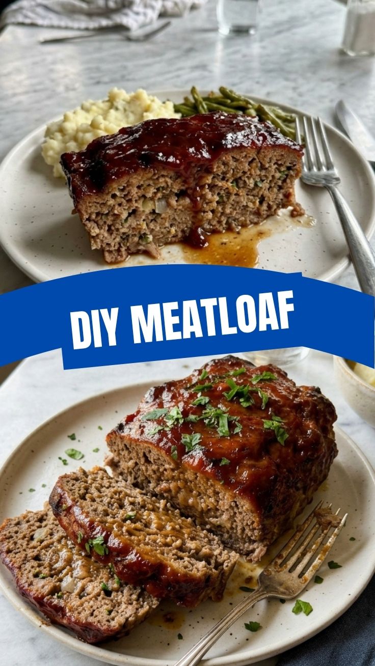 A freshly baked meatloaf, still warm from the oven, with a glistening glaze.