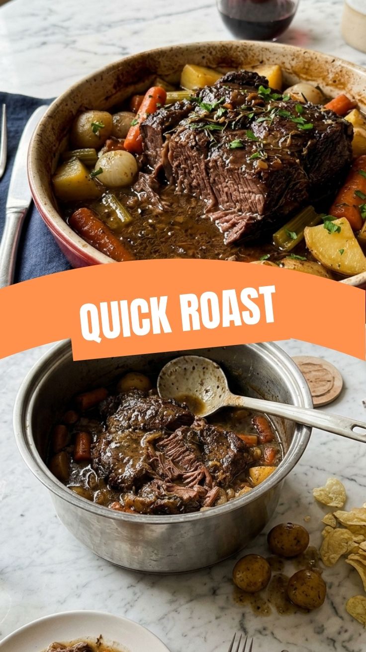 A tender, slow-cooked pot roast garnished with fresh herbs and vegetables.