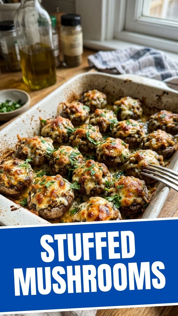 Golden stuffed mushrooms on a platter