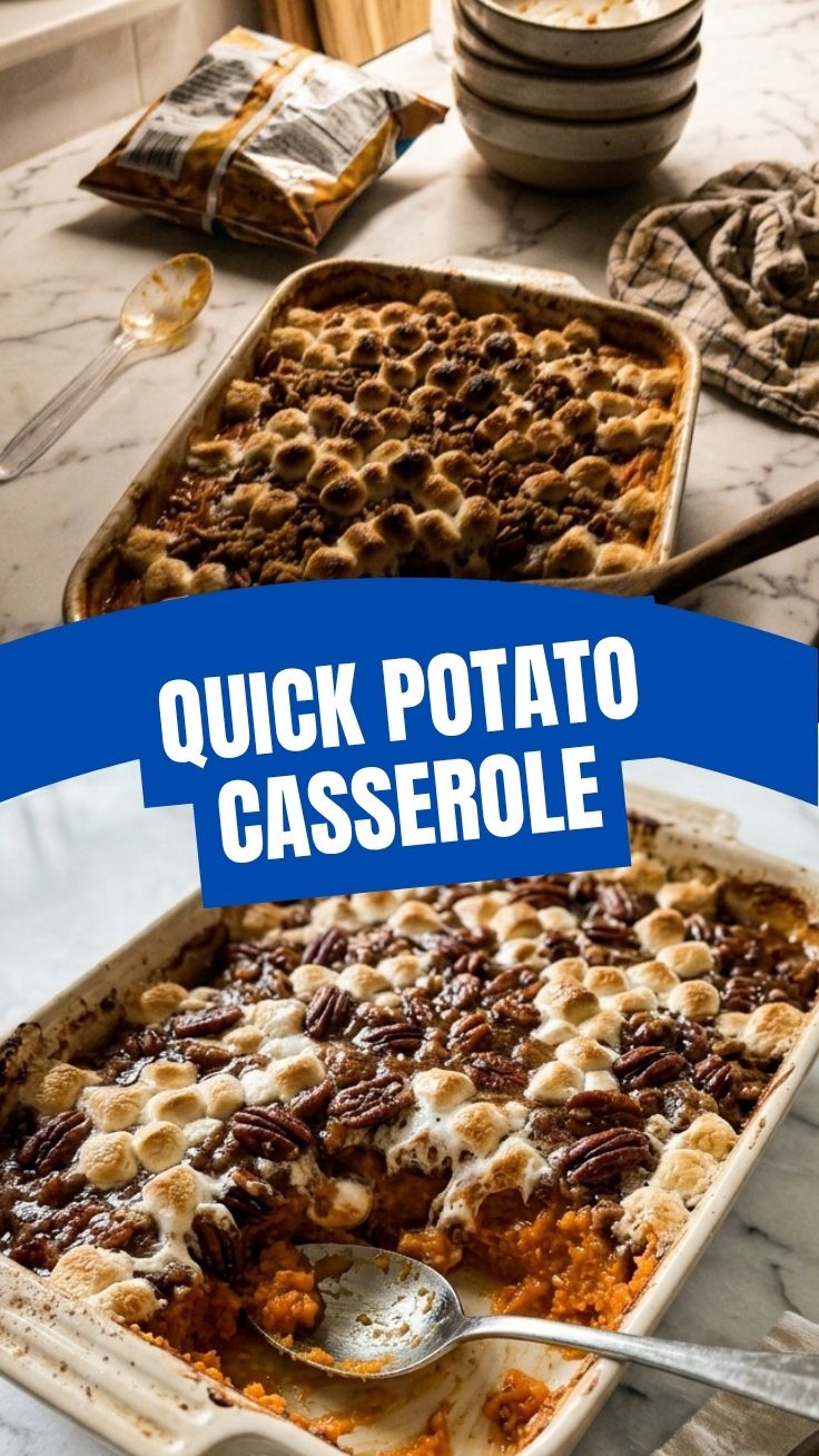 A bubbling sweet potato casserole with a golden, toasted marshmallow topping