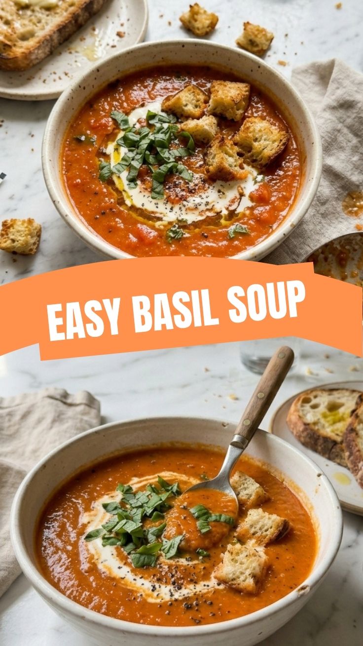 A bowl of rich red tomato basil soup garnished with fresh basil leaves