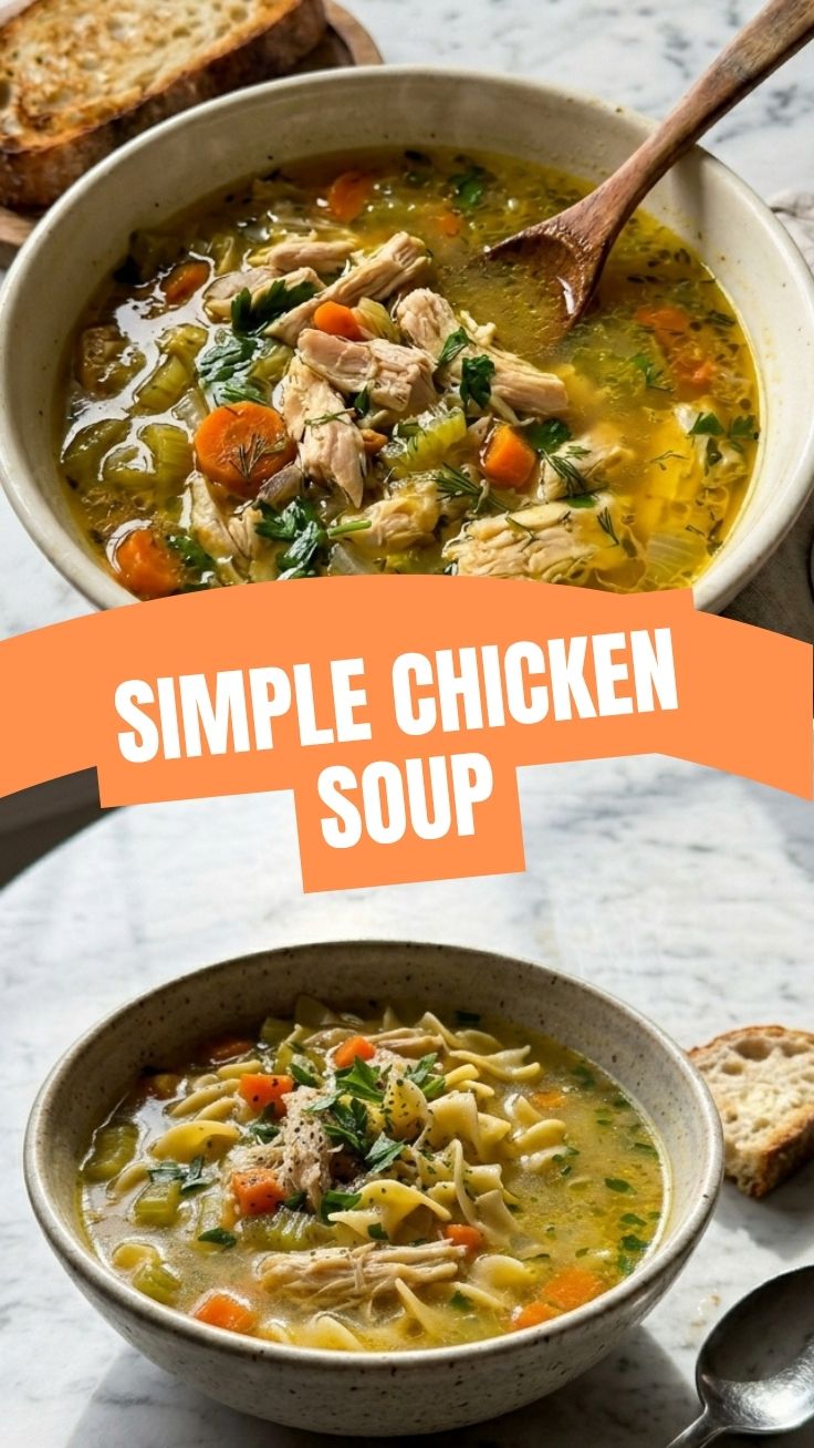 A steaming bowl of warm chicken soup with vegetables