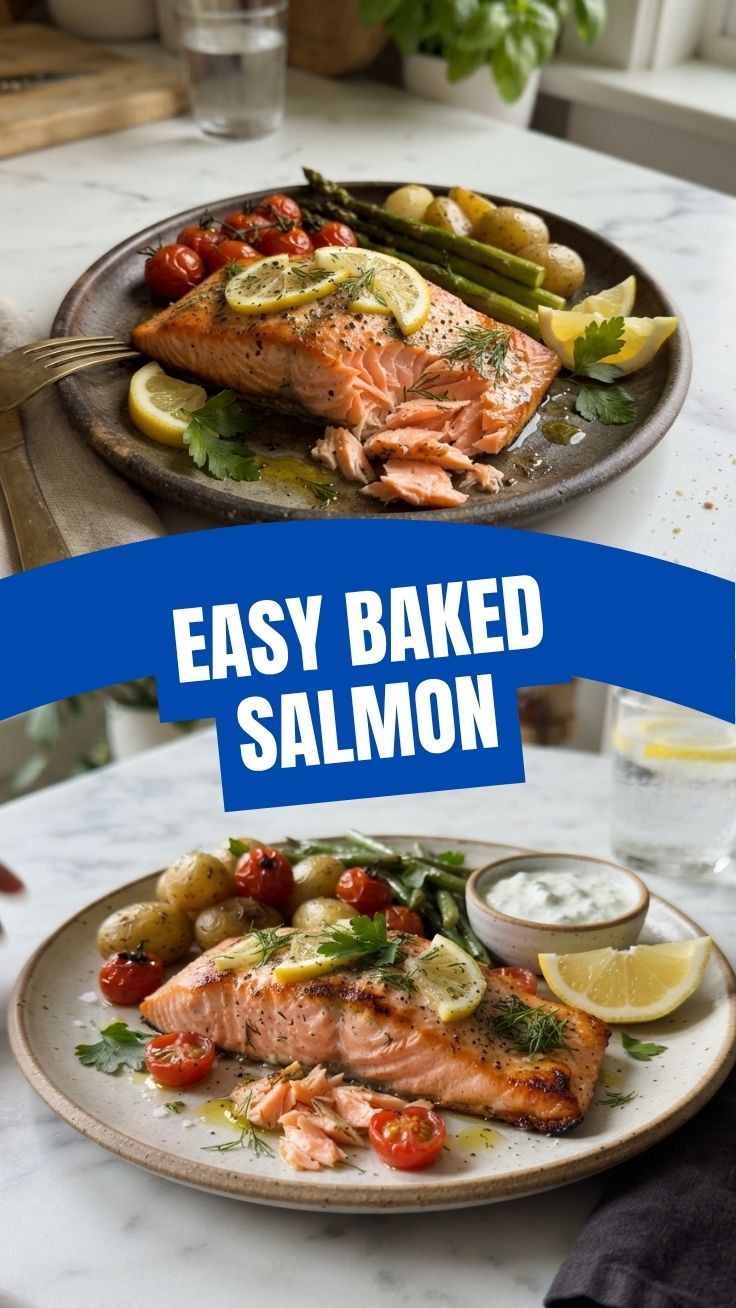Baked salmon with garlic and lemon on a baking sheet