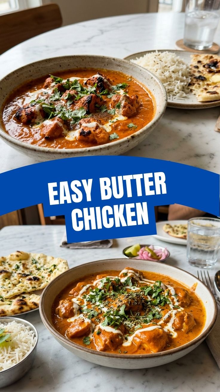 A bowl of rich and creamy butter chicken, garnished with fresh cilantro.