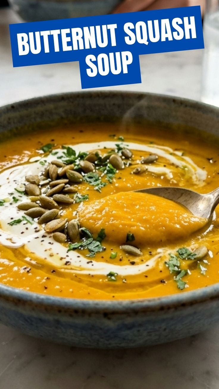 A steaming bowl of butternut squash soup garnished with fresh herbs.