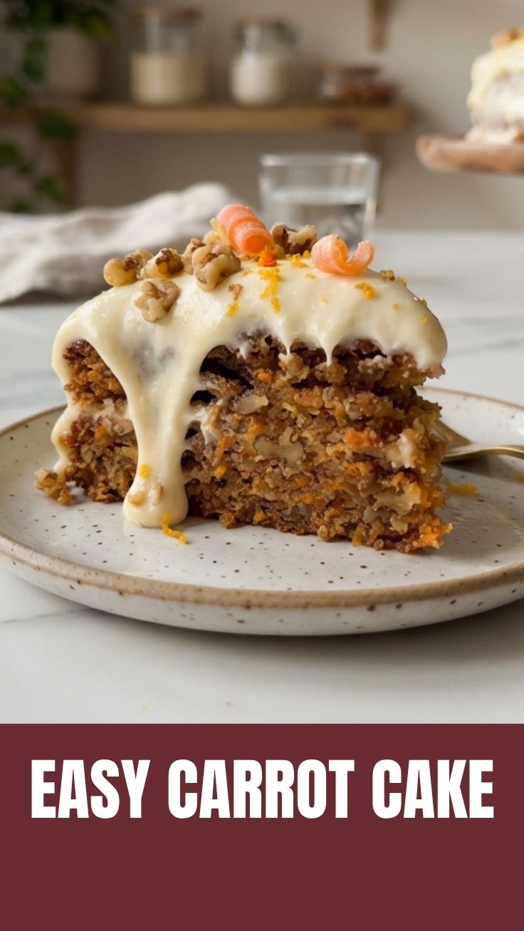 A beautifully sliced carrot cake with cream cheese frosting on a white plate