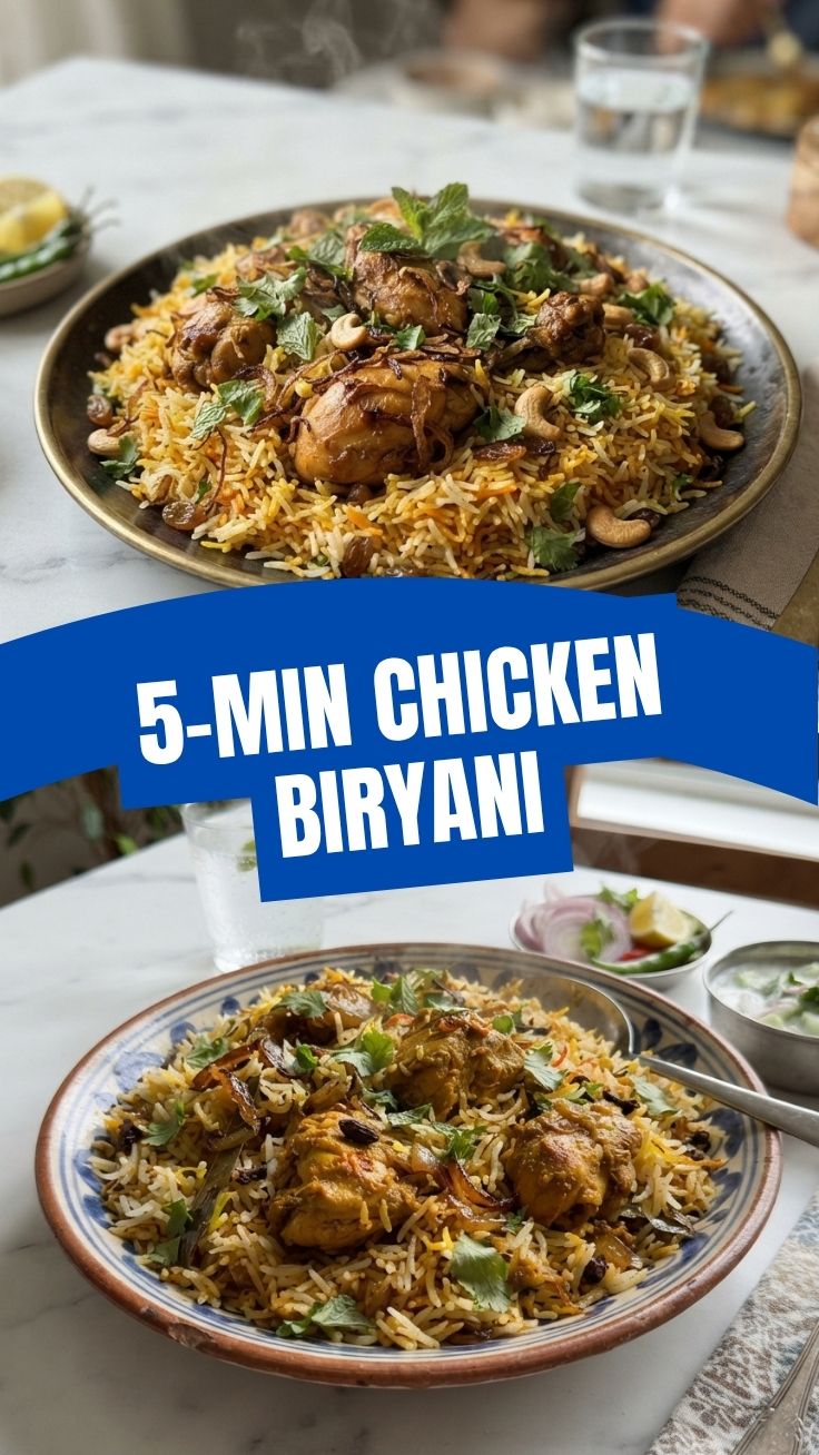 A plate featuring a generous serving of Chicken Biryani, garnished with fresh cilantro