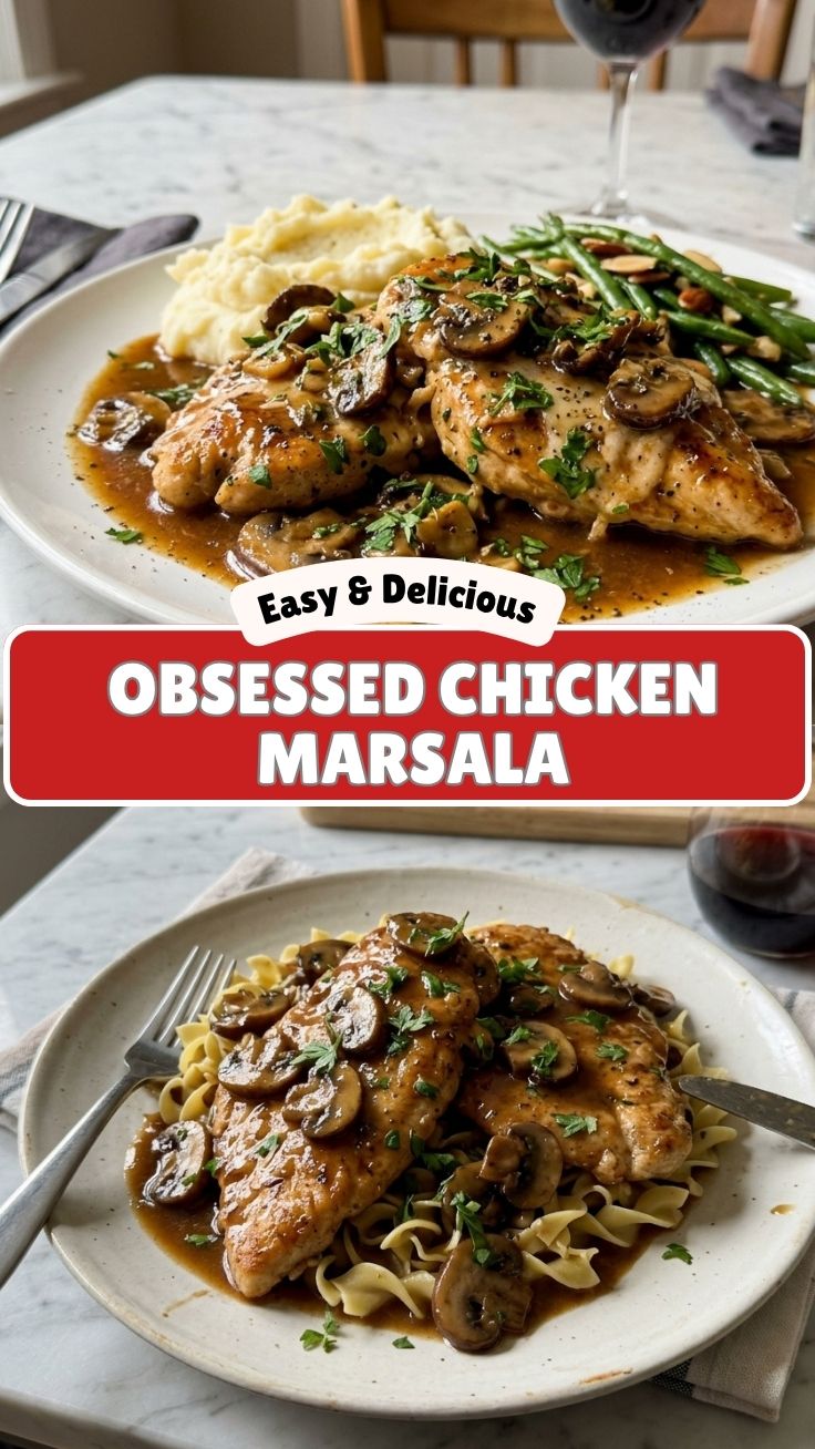 Chicken Marsala with creamy mushroom sauce in a skillet