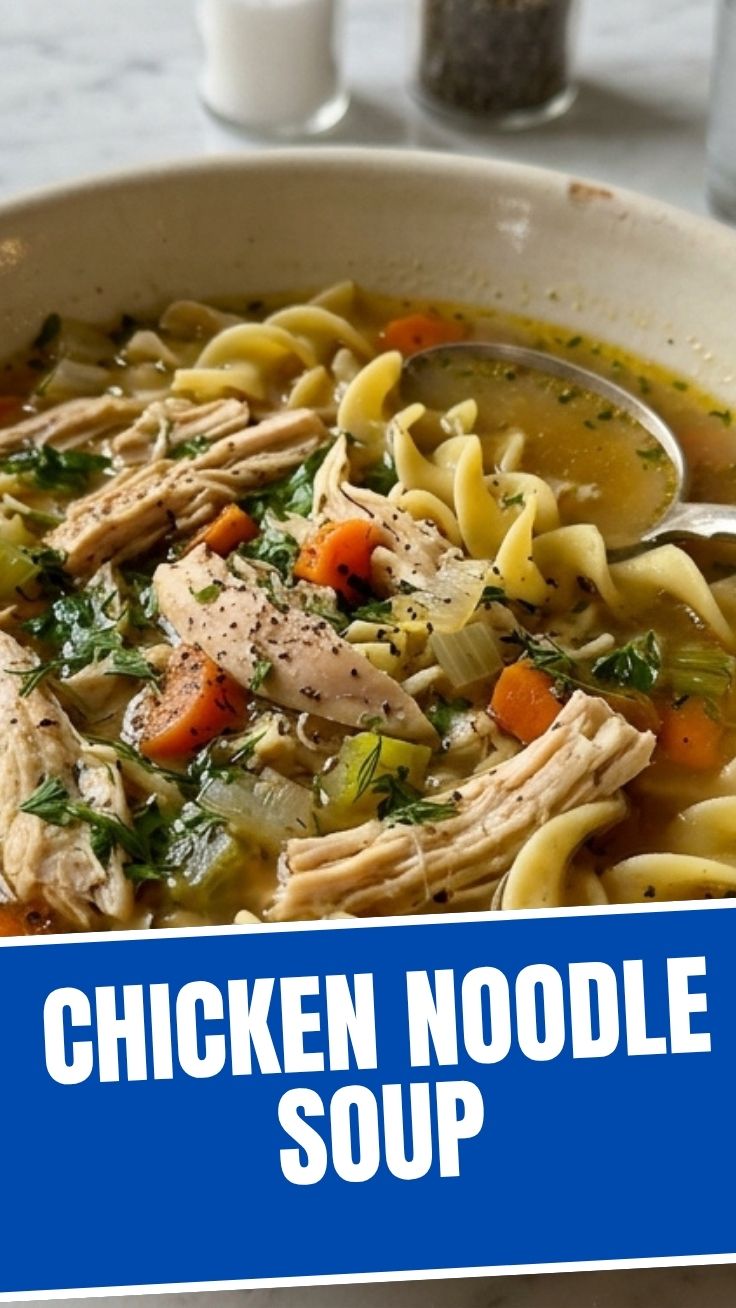 Warm chicken noodle soup in a rustic bowl