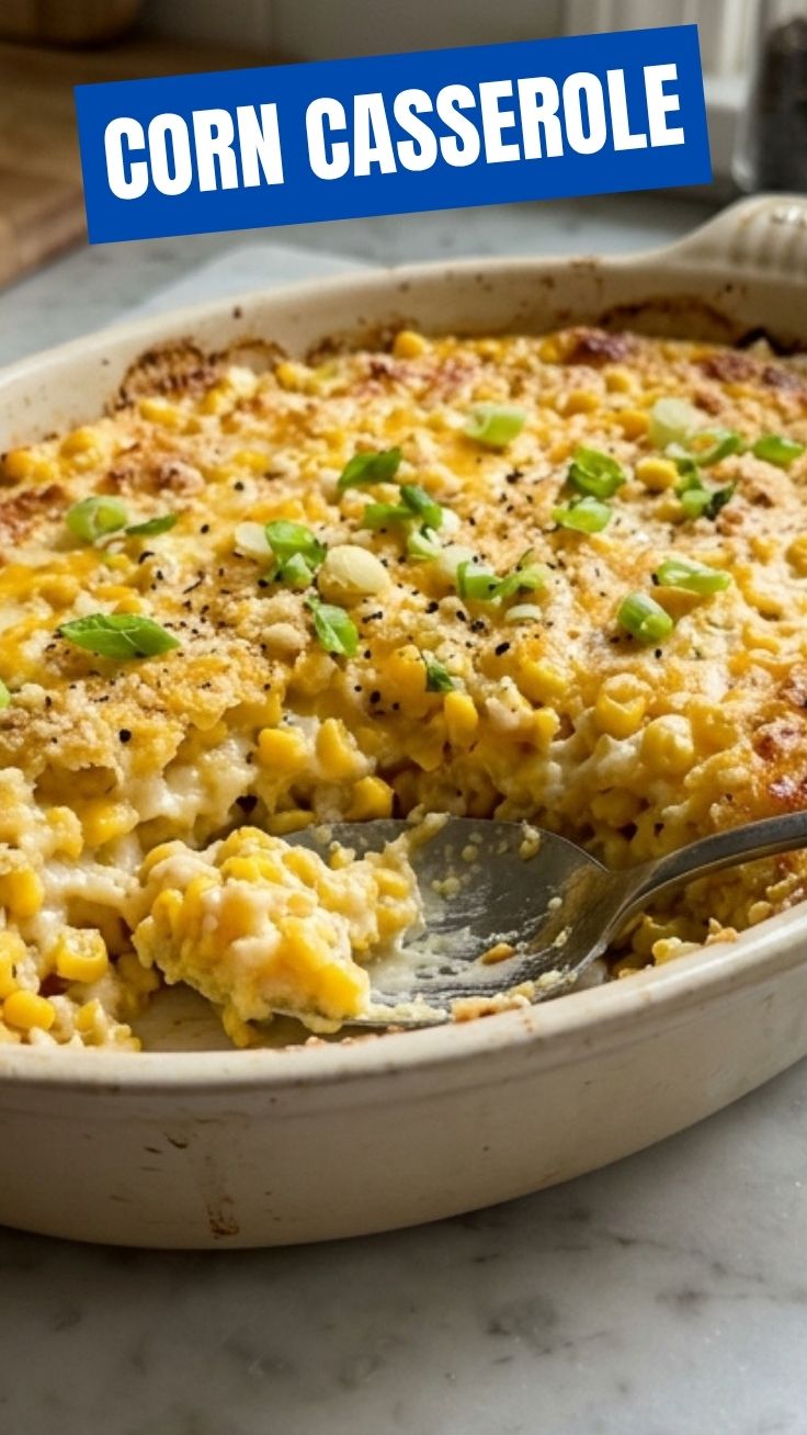 A bubbling golden brown corn casserole in a baking dish, fresh from the oven.