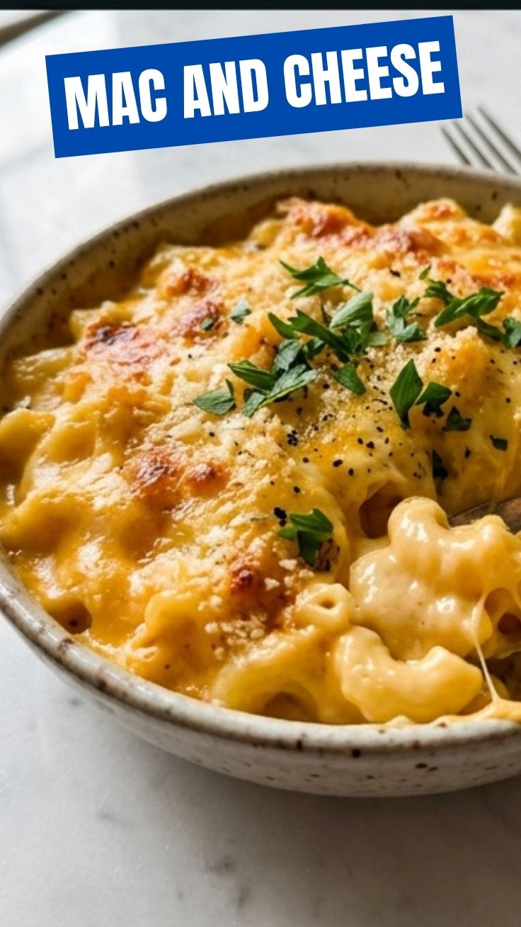A hot, creamy bowl of mac and cheese with melted cheese on top