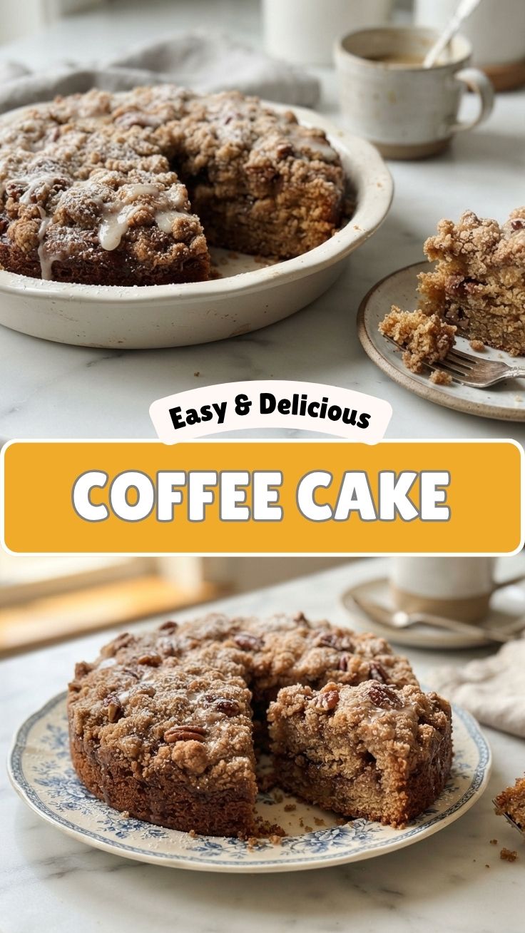 A freshly baked coffee cake with a crumble topping on a white plate.