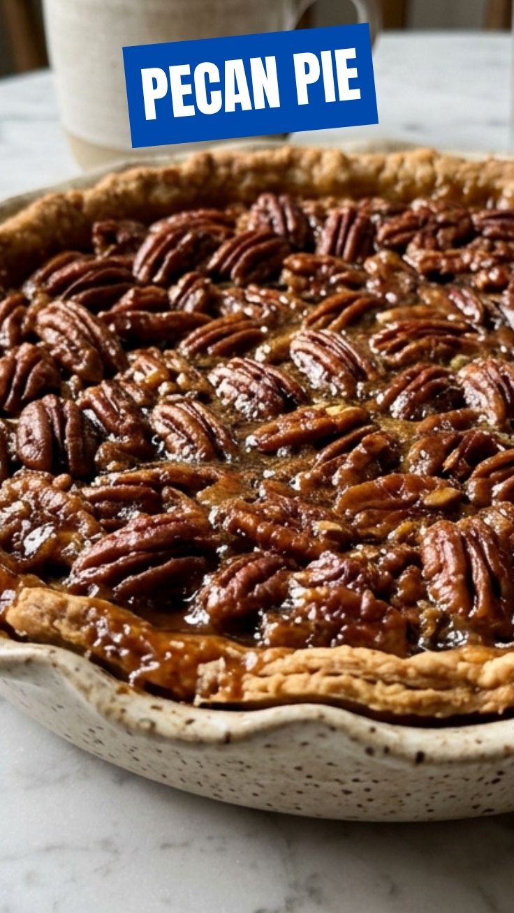 A freshly baked pecan pie with a golden-brown crust and glistening nutty filling.