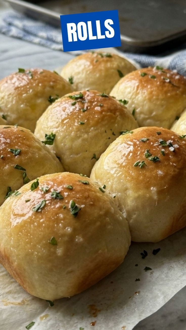 A basket of freshly baked golden brown dinner rolls.