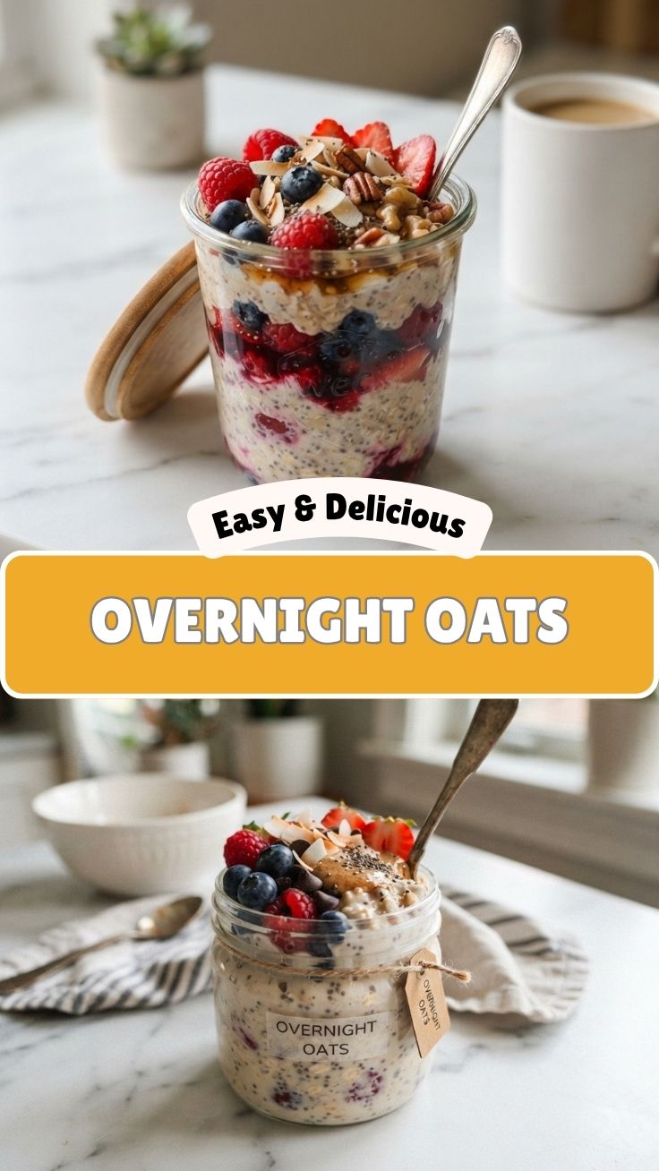 Two mason jars of creamy overnight oats topped with fresh blueberries and sliced almonds on a wooden table