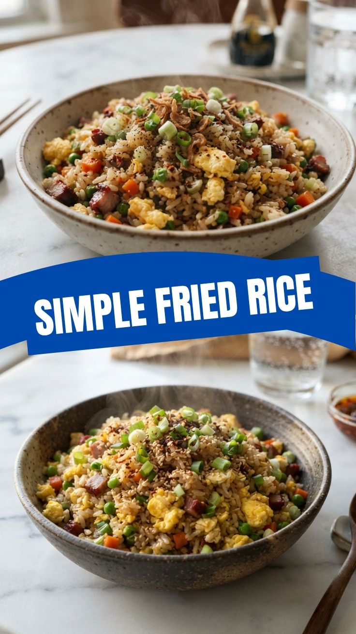 Steaming bowl of egg fried rice with green onions