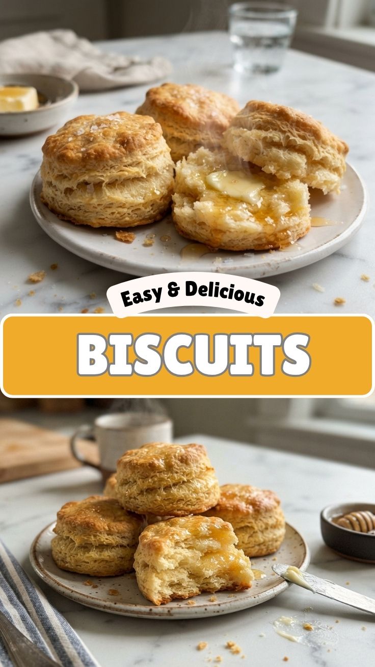 A stack of fluffy, golden-brown biscuits on a wooden cutting board