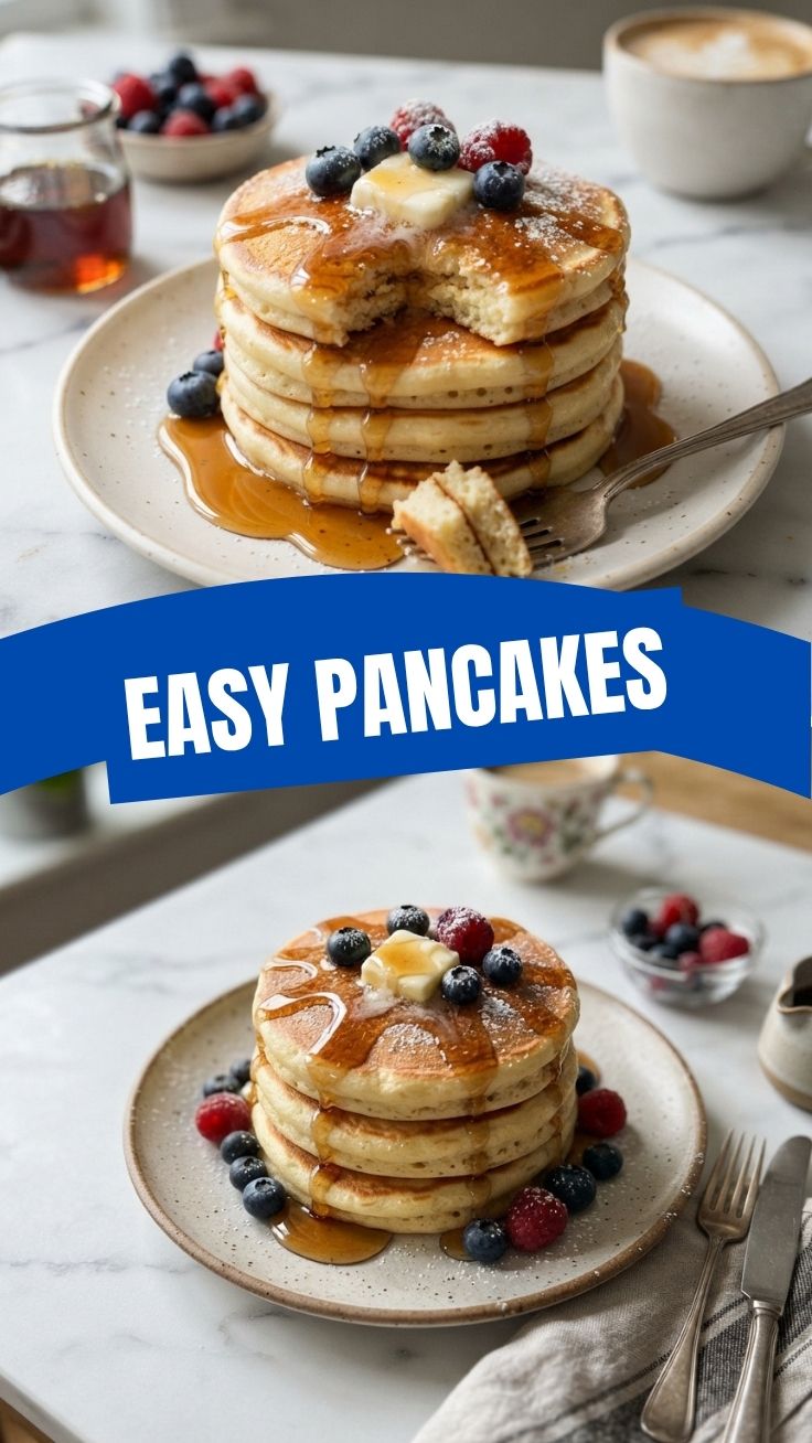 A tall stack of fluffy pancakes with syrup on a white plate