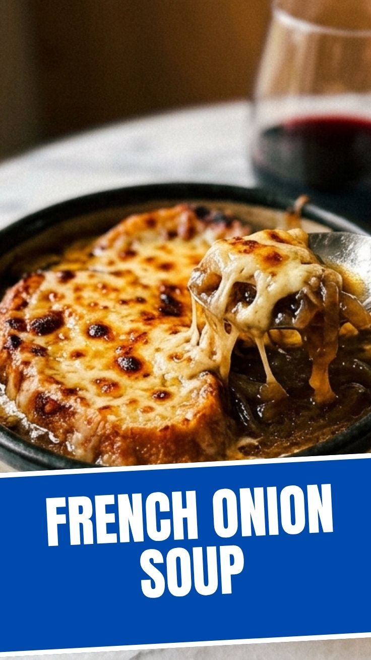 Rich French Onion Soup with golden bubbly Gruyère cheese