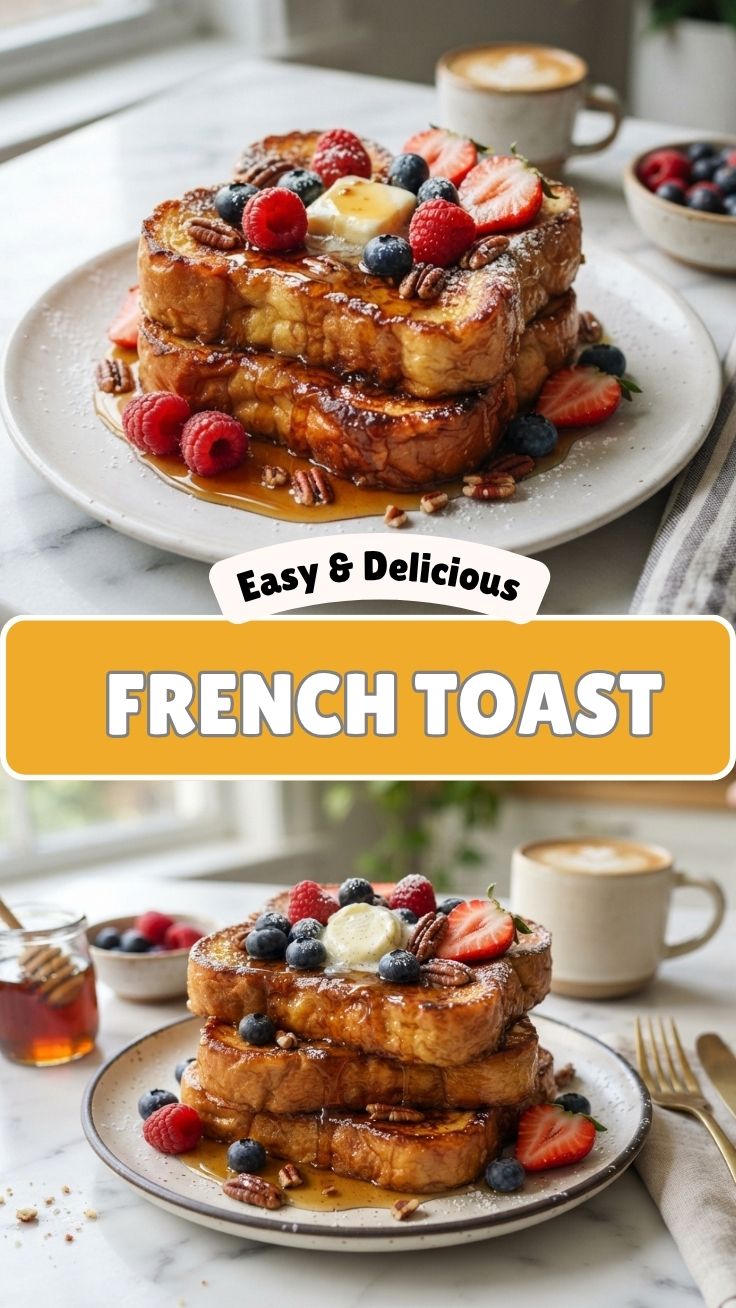 A perfectly cooked stack of golden French toast, dusted with powdered sugar
