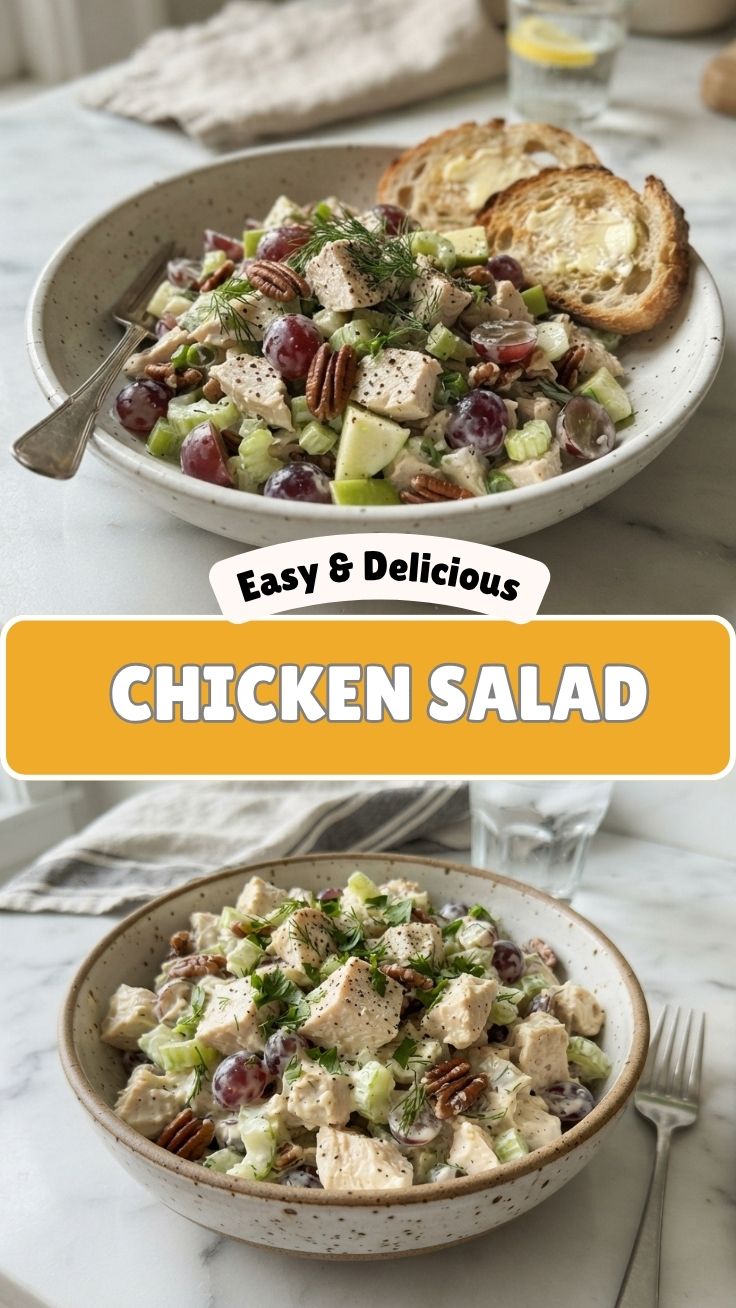 Fresh chicken salad in a bowl with crunchy celery and pecans