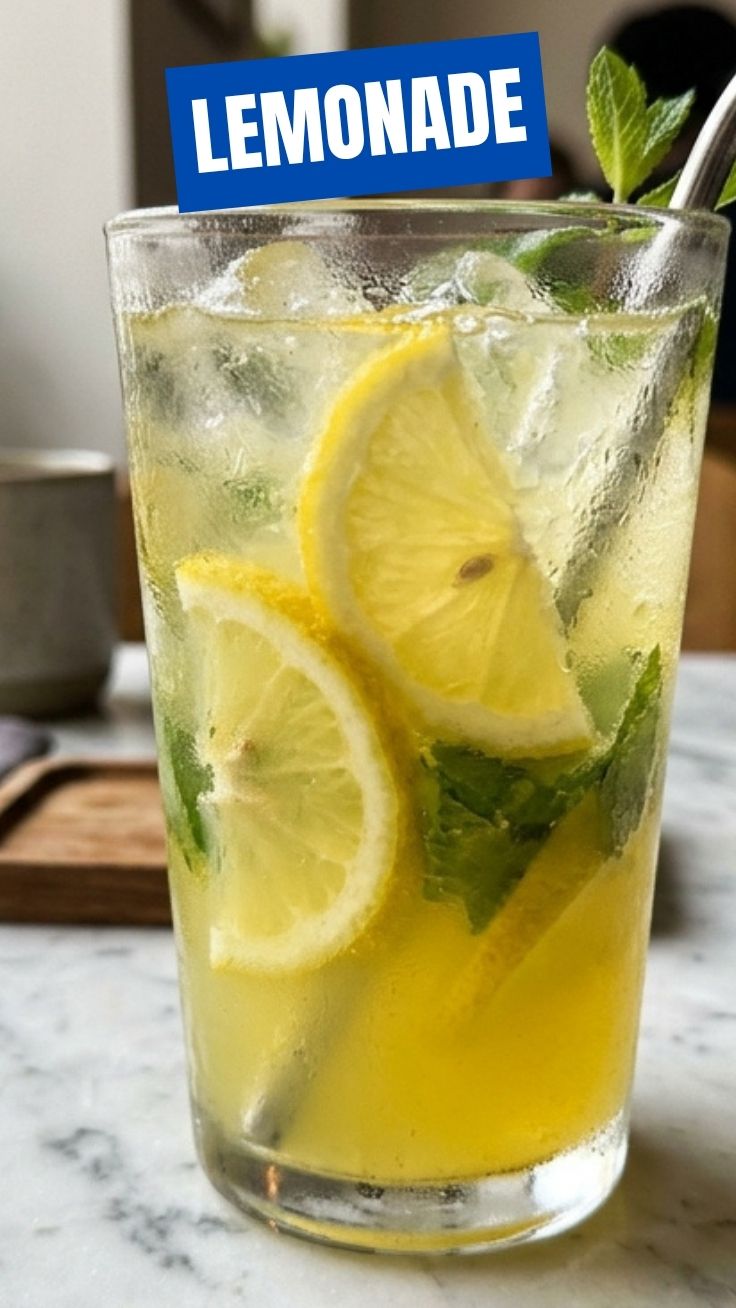 Fresh homemade lemonade served in a glass with ice and a lemon slice