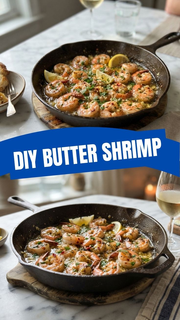Close-up of golden garlic butter shrimp in a pan