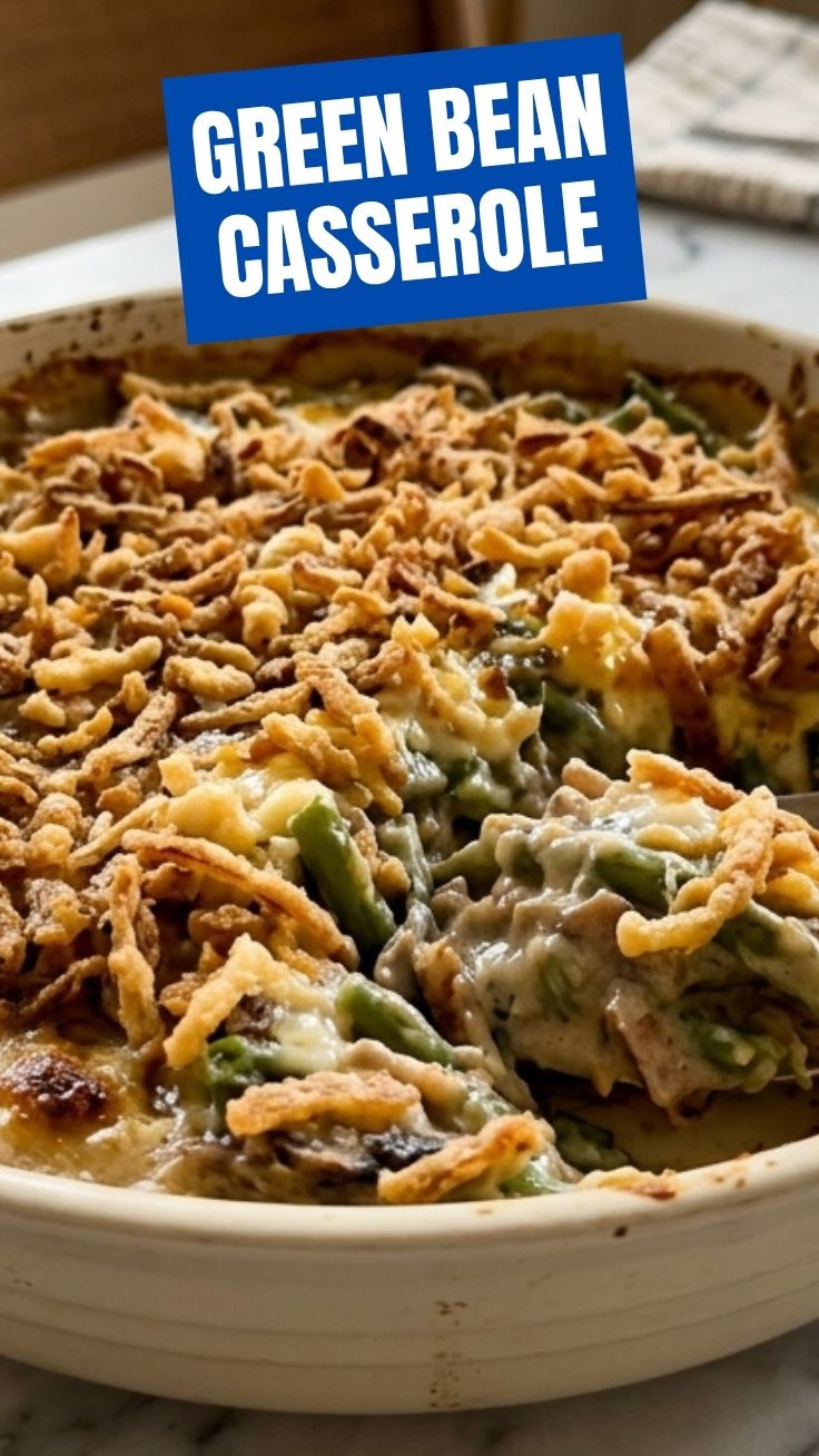 A comforting green bean casserole, generously topped with crispy fried onions.