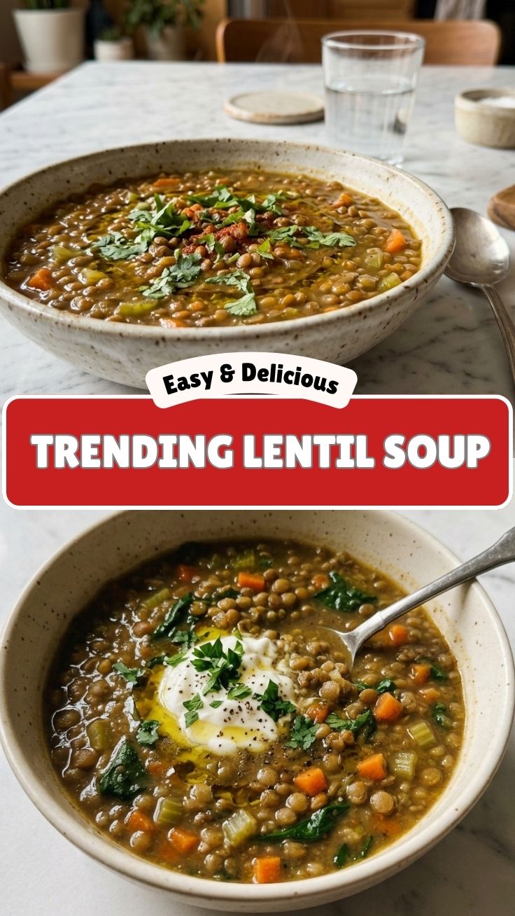A bowl of hearty lentil soup with herbs