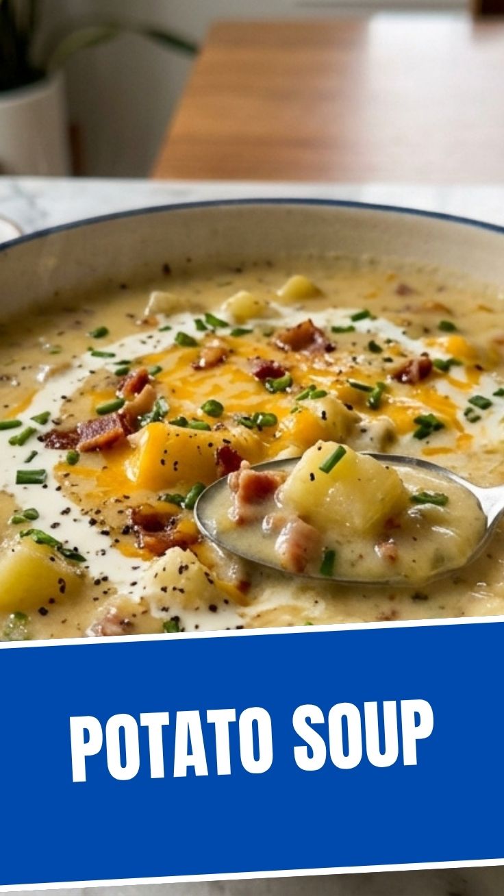 Hearty Potato Soup in a bowl with garnishes