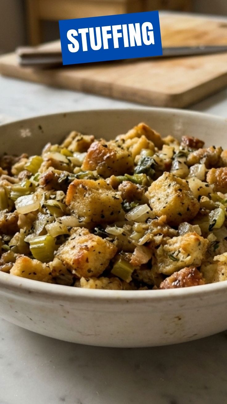 A golden-brown, herb-filled stuffing baked to perfection in a baking dish.