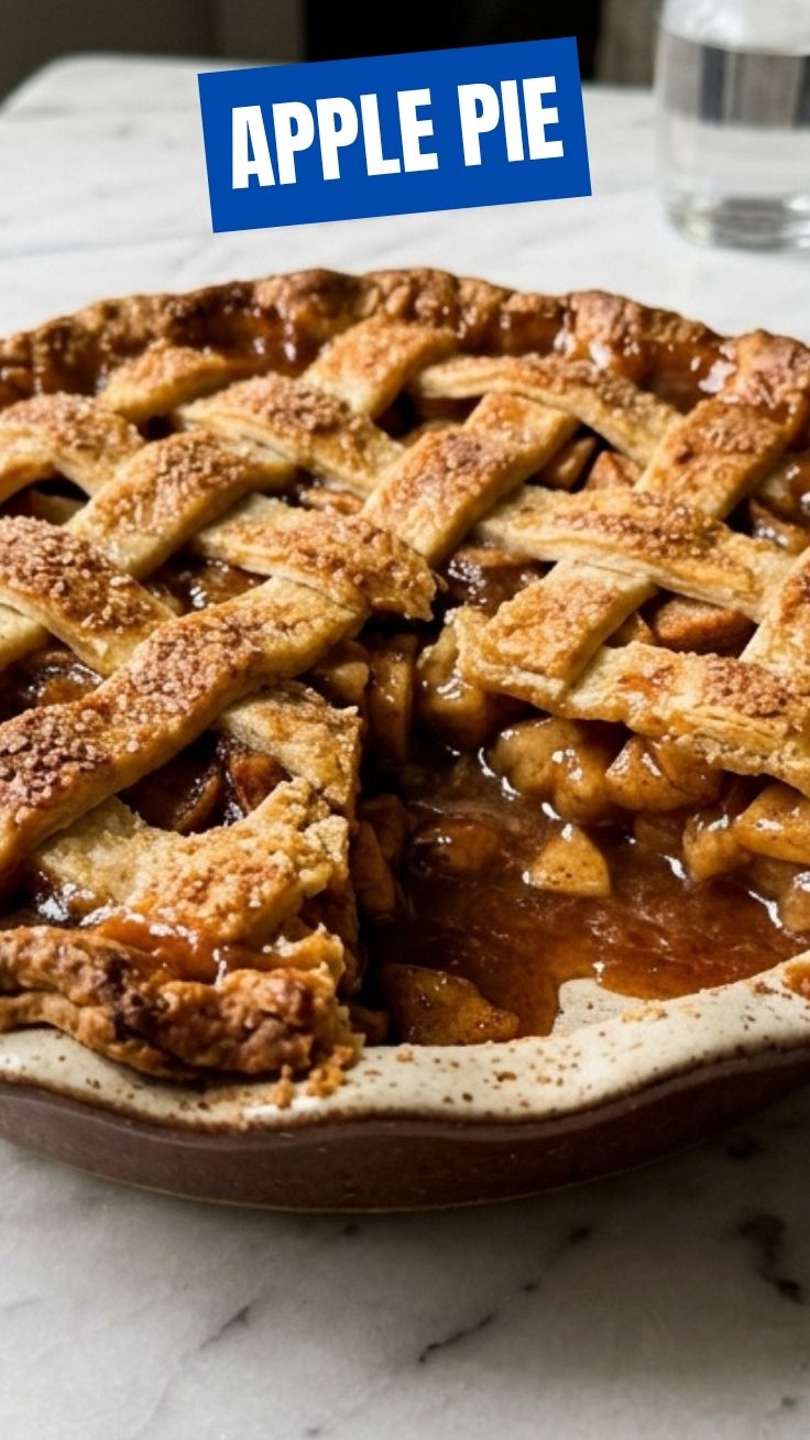 A freshly baked apple pie with a golden, lattice top crust.