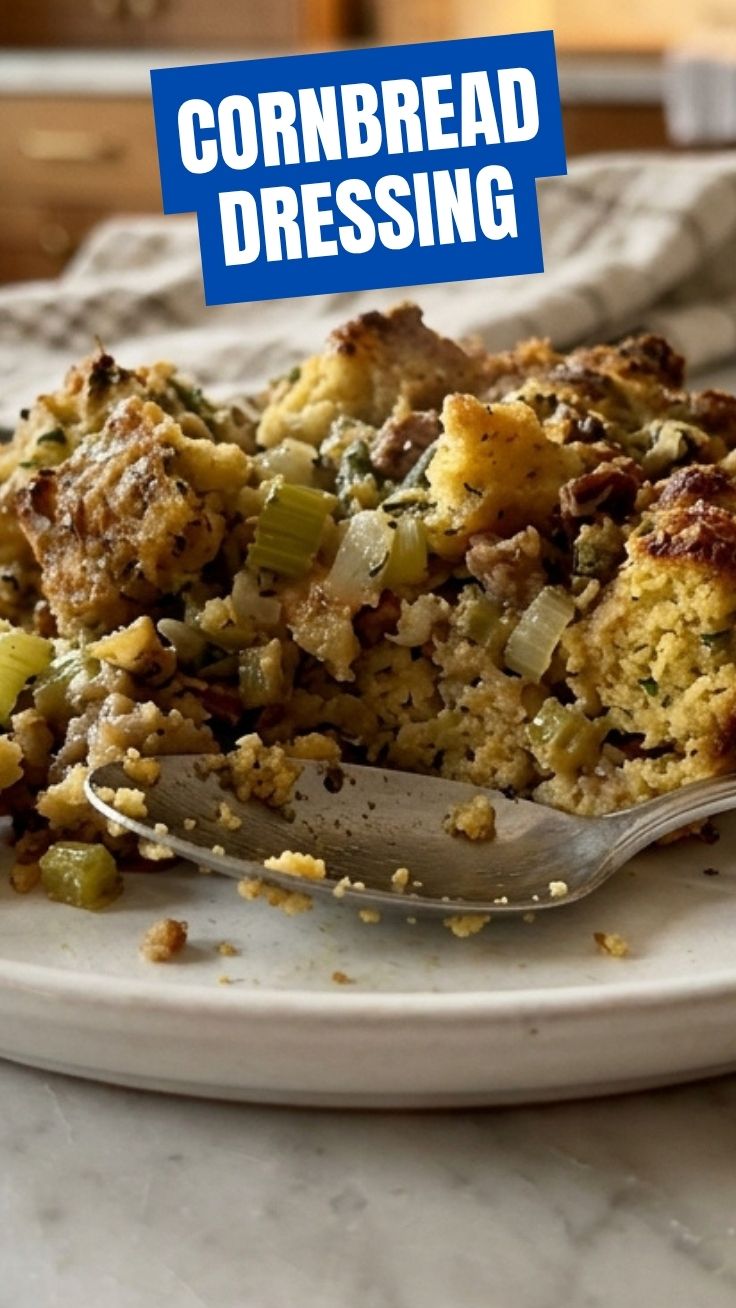 Perfect cornbread dressing in a baking dish