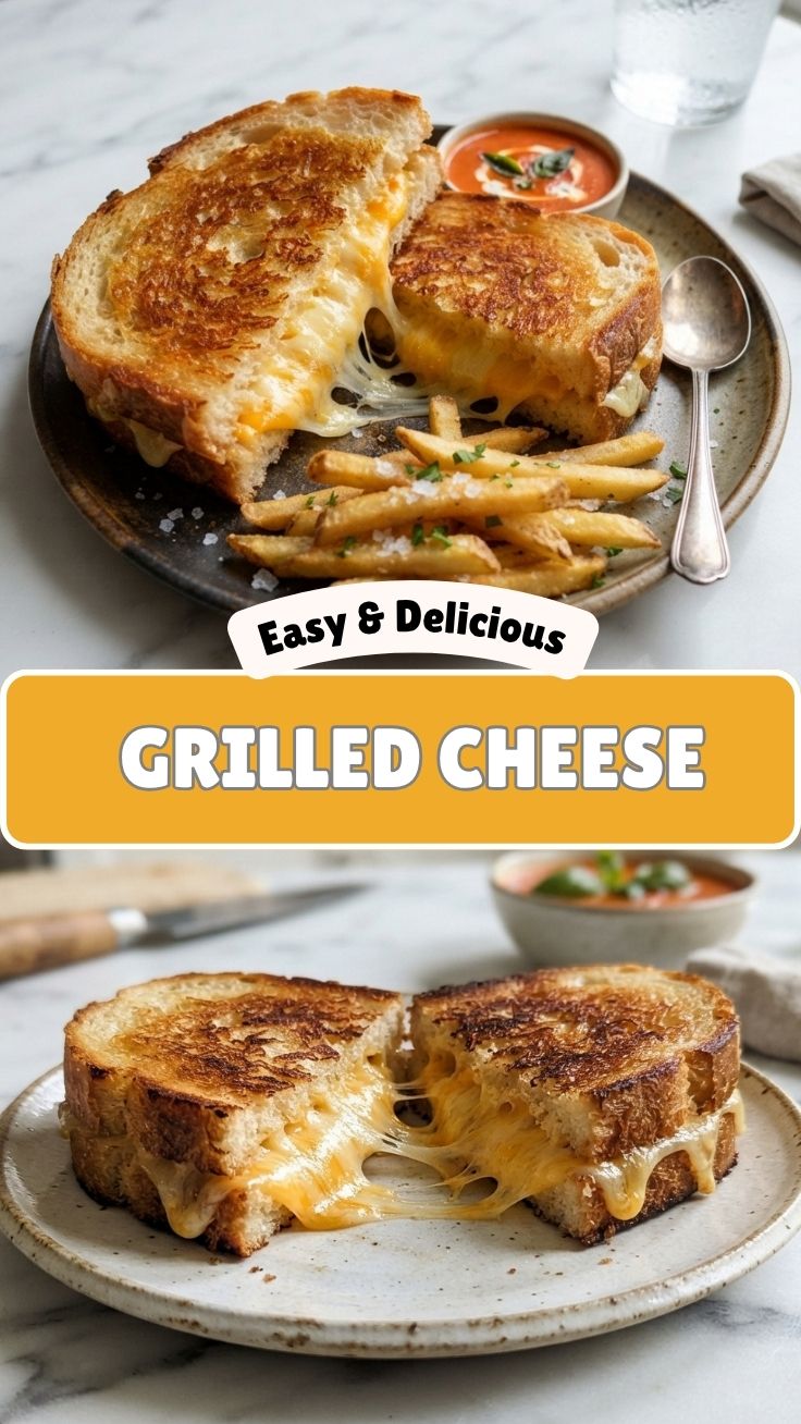 Golden brown grilled cheese sandwich cut diagonally on a plate next to a bowl of tomato soup