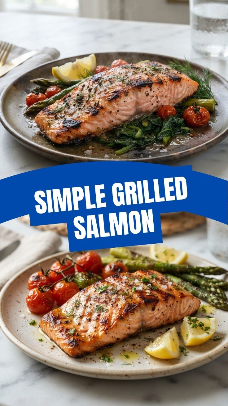 Juicy grilled salmon fillet with char marks and fresh herbs
