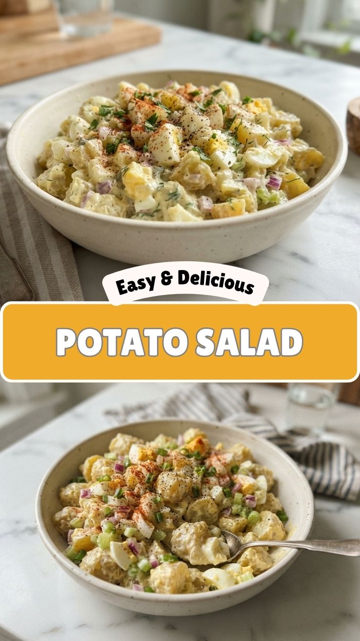 Creamy potato salad in a rustic bowl with fresh herbs
