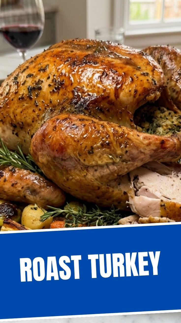 Golden roasted turkey on a platter