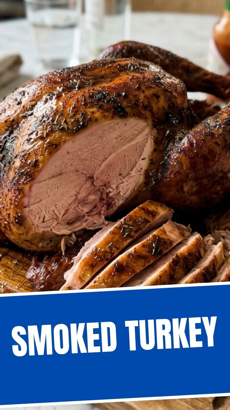 Perfectly smoked turkey with golden crispy skin on a cutting board