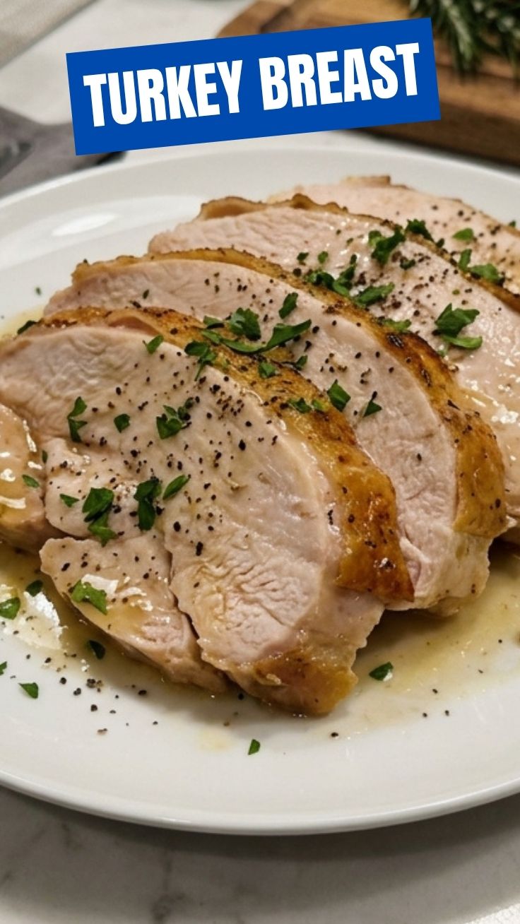 Perfectly cooked turkey breast on a cutting board