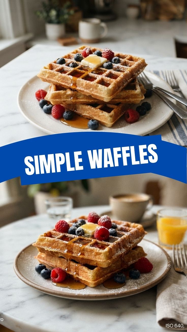 A stack of perfectly golden crispy waffles, lightly dusted with powdered sugar and drizzled with syrup.
