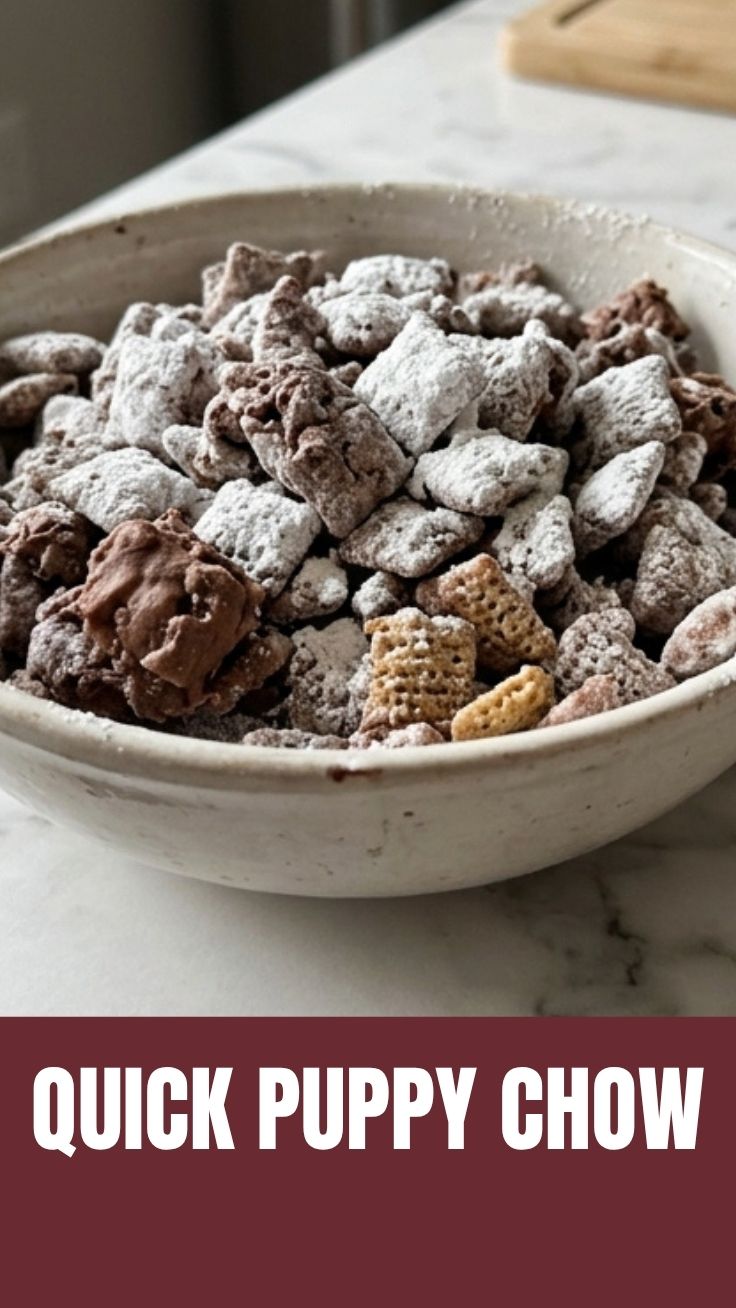 Puppy Chow in a bowl with powdered sugar dusting