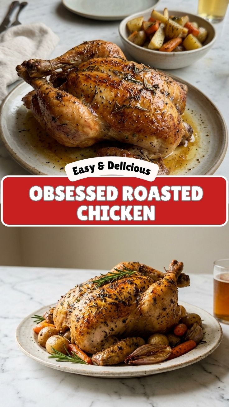 A whole roasted chicken, golden brown with crispy skin, presented on a platter.