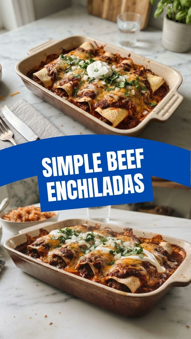 Savory Beef Enchiladas in a baking dish