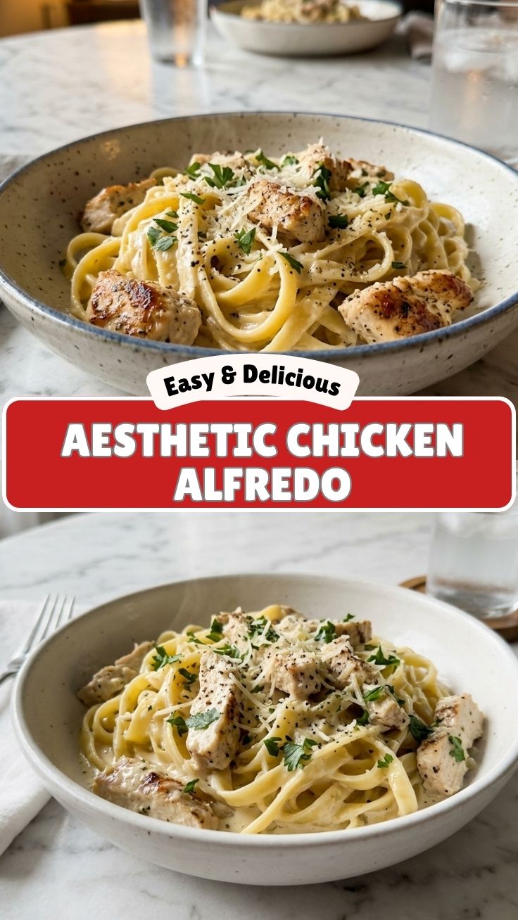 A steaming plate of chicken alfredo with fettuccine pasta and grilled chicken pieces.