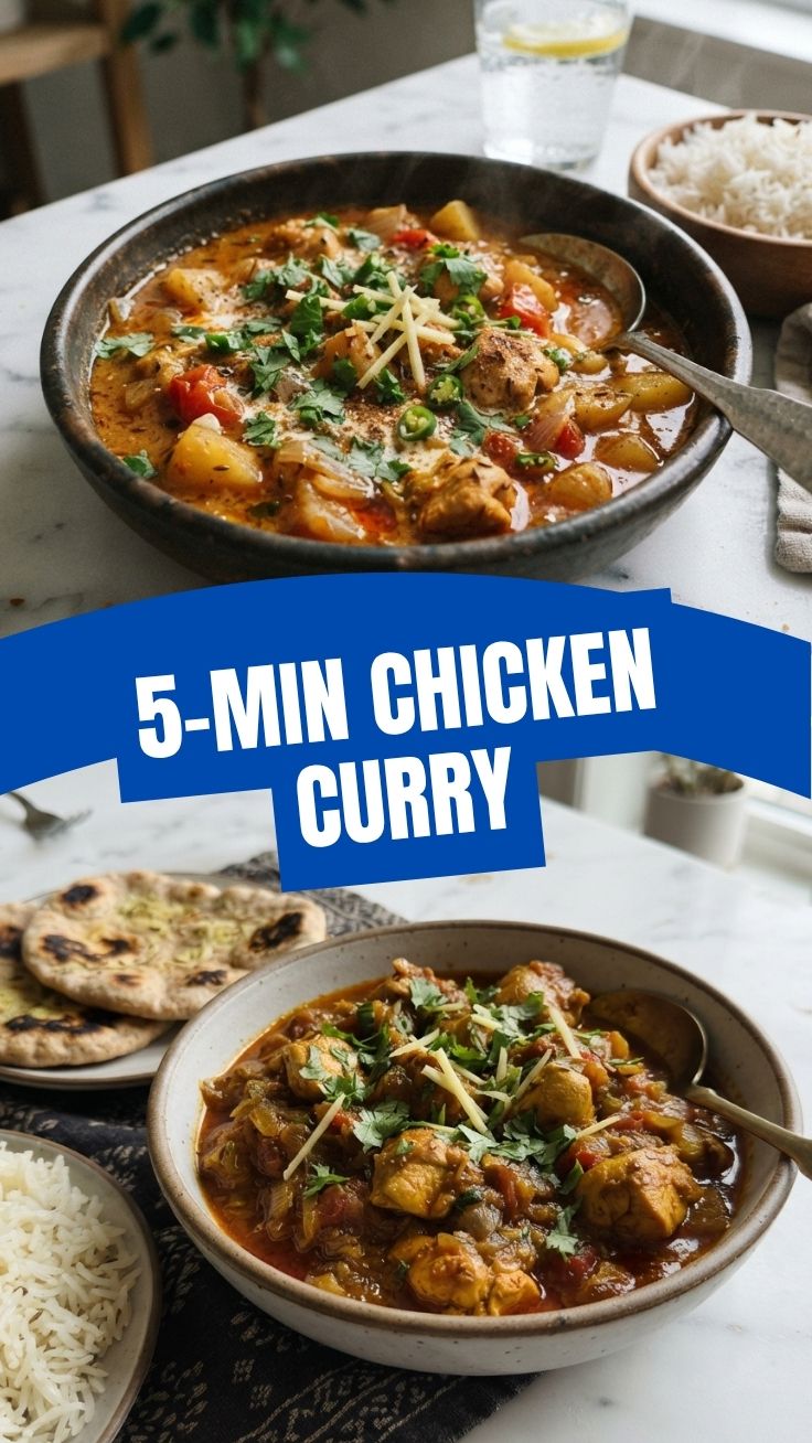 A hot bowl of chicken curry with rich sauce and tender chicken pieces.