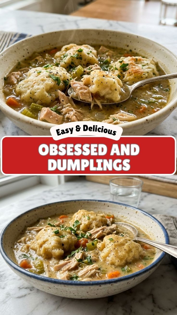A steaming bowl of chicken and dumplings with vegetables