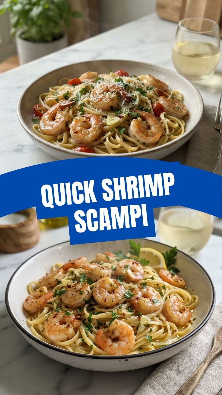 A serving of savory shrimp scampi with pasta and herbs.